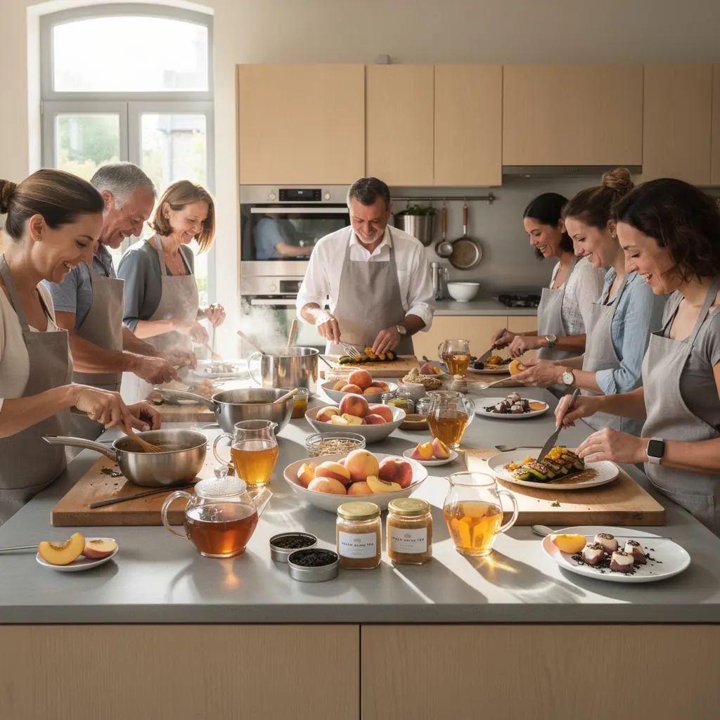 Un mГ©lange de thГ© Oolong et de morceaux de pГЄches sur une table en bois.