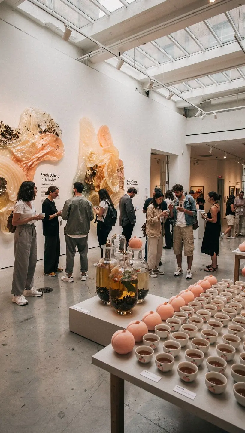 Des feuilles de thé Oolong entourées de fleurs colorées et de tranches de pêche.
