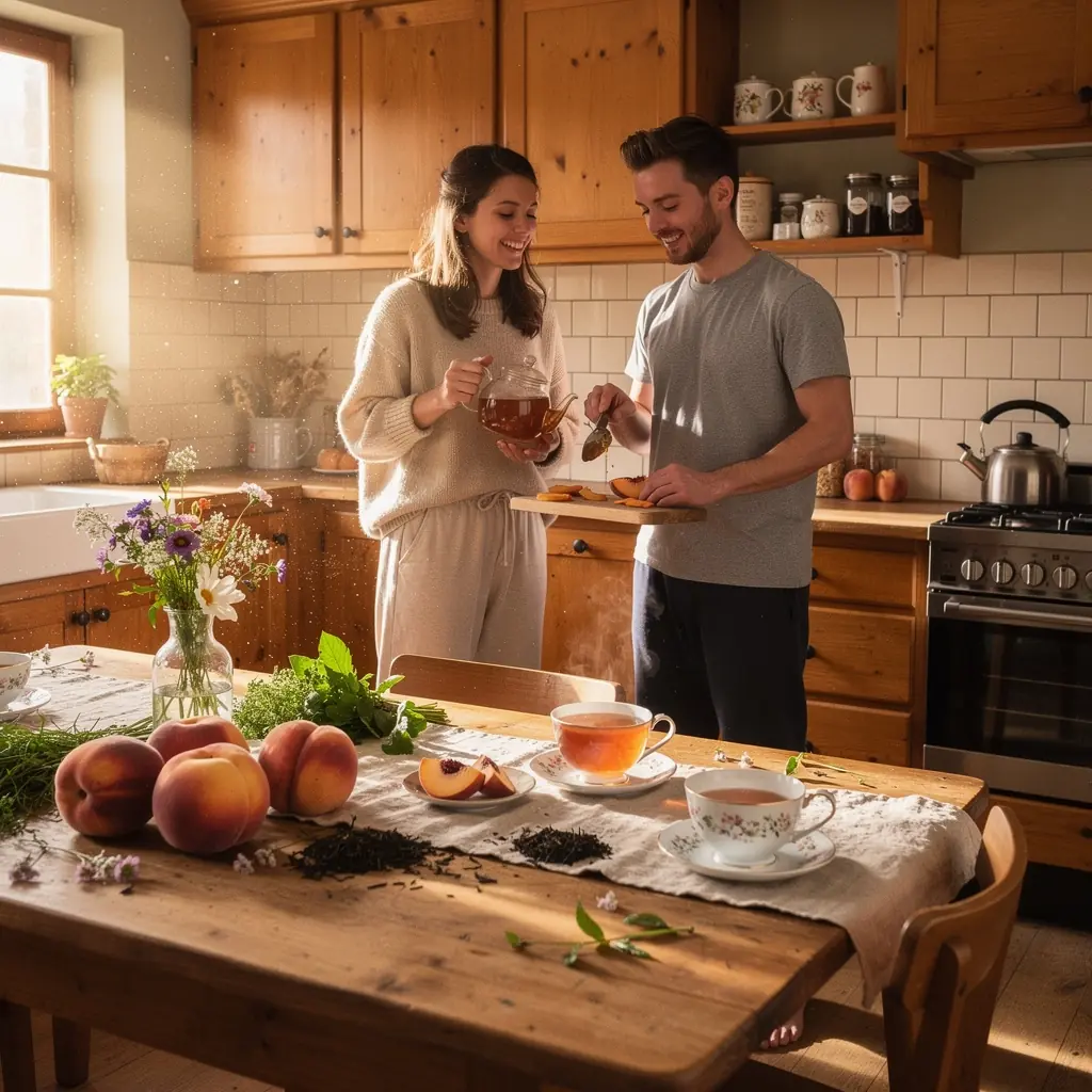 Un pot de thé Oolong avec des pêches, prêt à être servi.