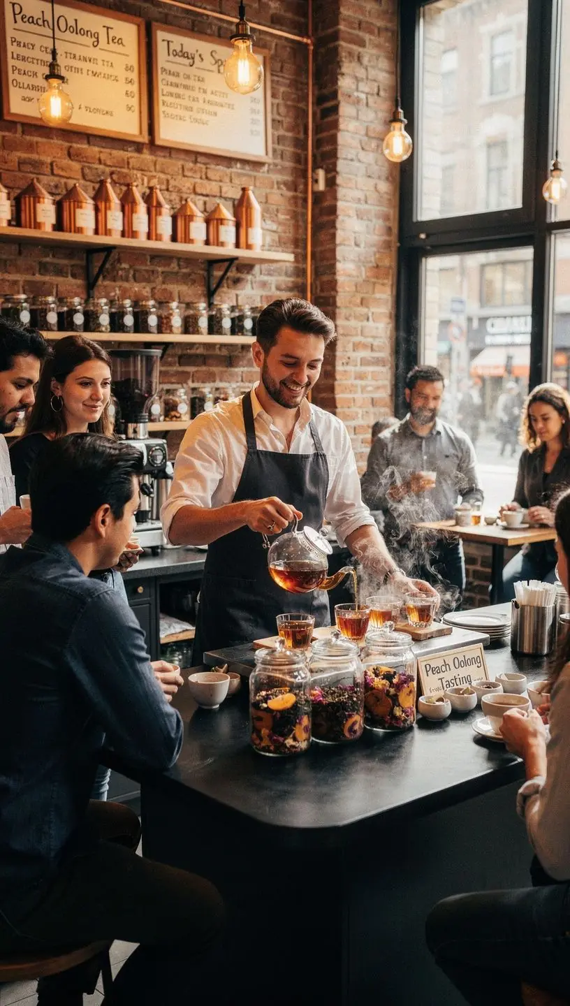 Des pêches juteuses sur un fond de feuilles de thé, évoquant une fusion florale.